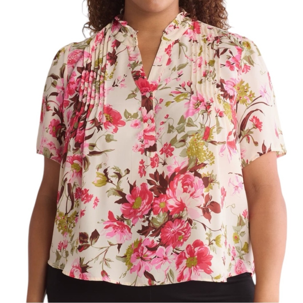 T Tahari Ivory Pink Floral Pintuck Blouse